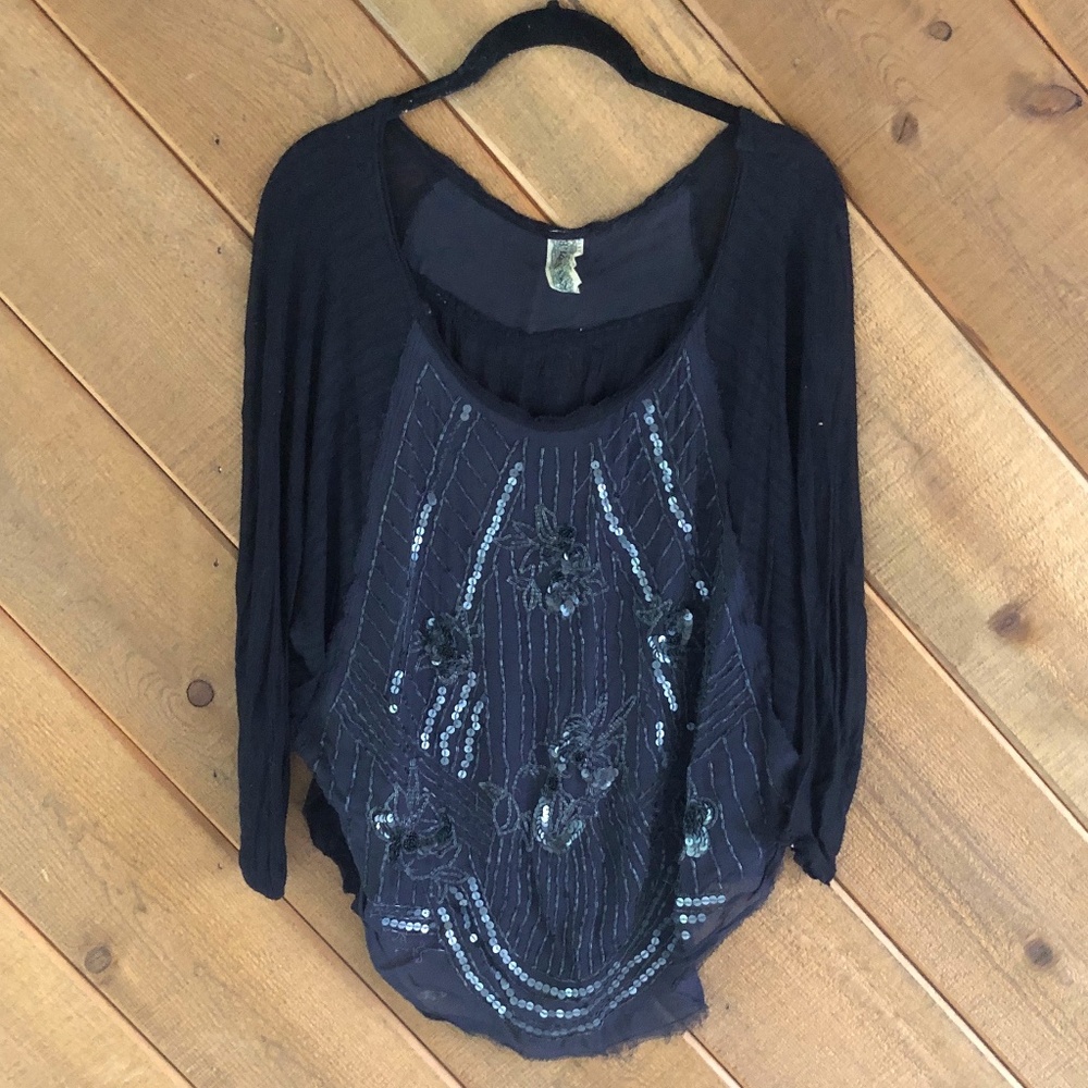 Free People Black Sequin Drape Top Size XS